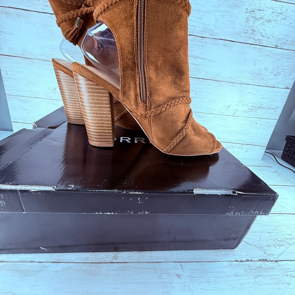 Torrid Cognac Rope Front Tassel Heel Booties Brown Faux Suede Open Toe 10W